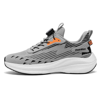 Men's white-green and grey rotating buckle Fly-kit mesh casual sports running shoes on a flat TPU sole.