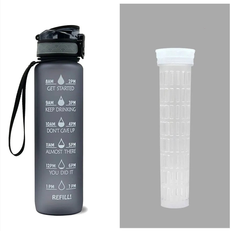 Blue and red gradient 1 litre Tritan sports water bottle with time markers and a flip-top lid.