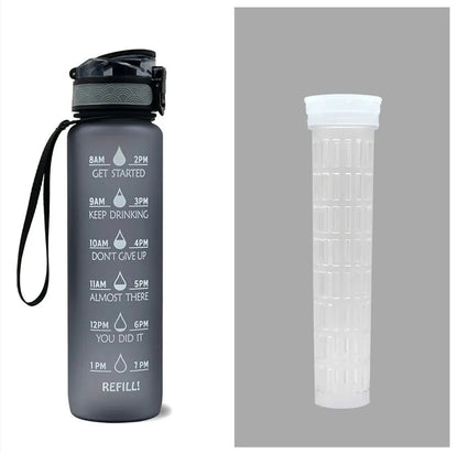 Blue and red gradient 1 litre Tritan sports water bottle with time markers and a flip-top lid.