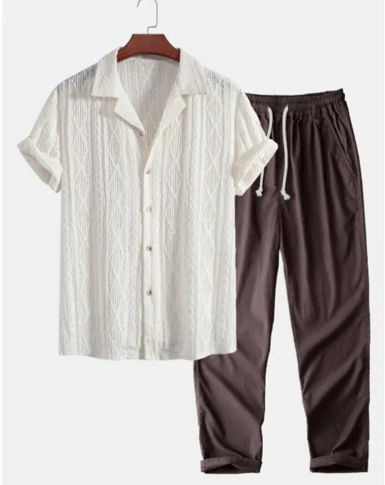Men's camouflage print linen short-sleeved shirt and trousers set with cardigan lapel in slim-fit style