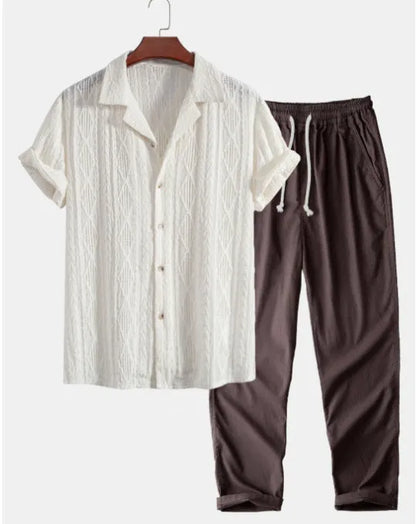 Men's camouflage print linen short-sleeved shirt and trousers set with cardigan lapel in slim-fit style
