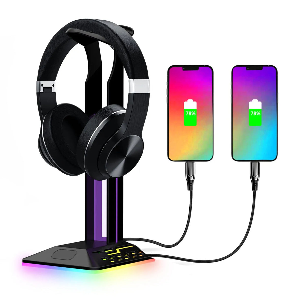 RGB colour changing headset bracket stand with dual USB ports on a desktop