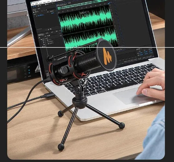 Black USB condenser recording microphone with 1.8m cable and Type-C adapter for computers and mobile phones.