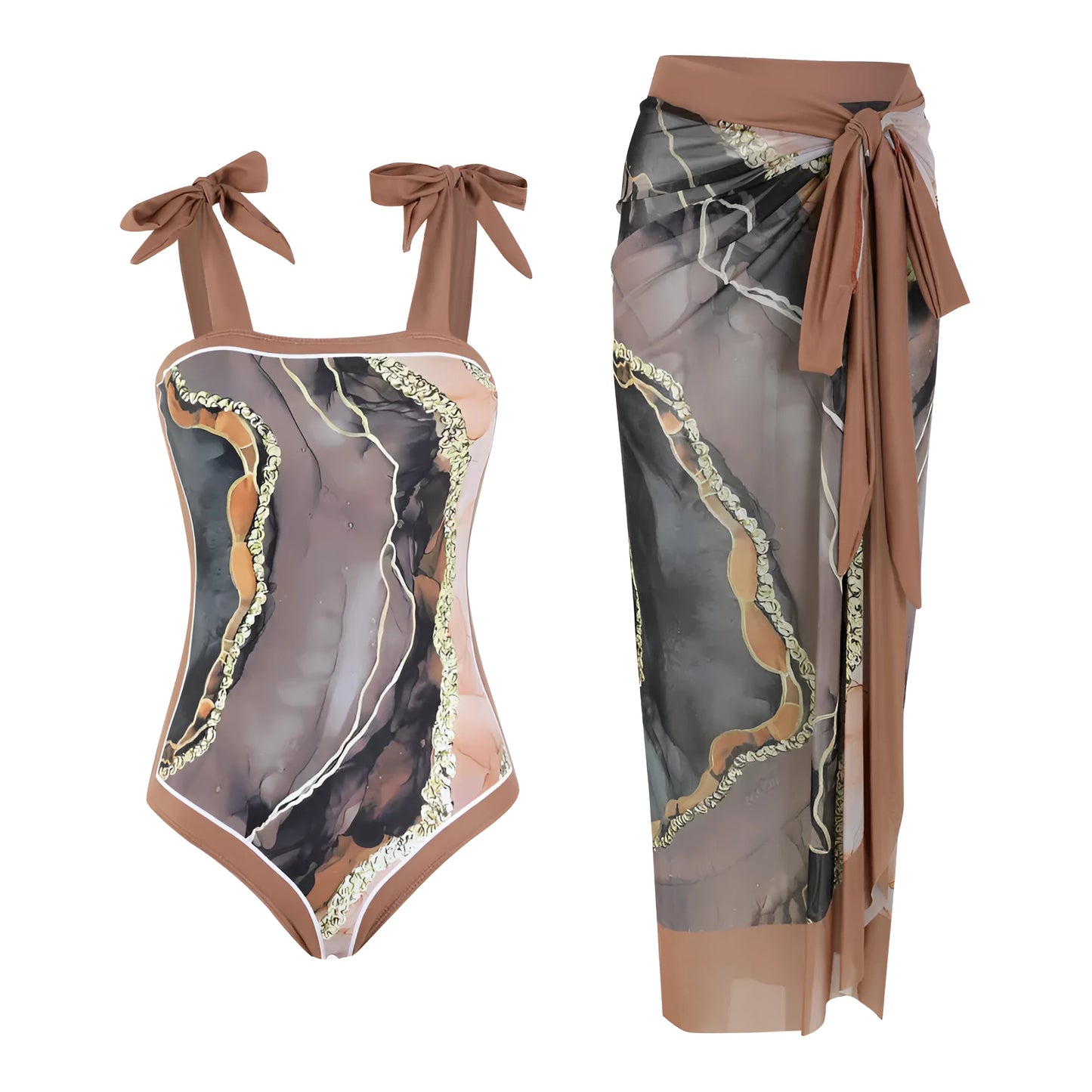 Floral print one-piece swimsuit with separate skirt in polyester fabric for swimming
