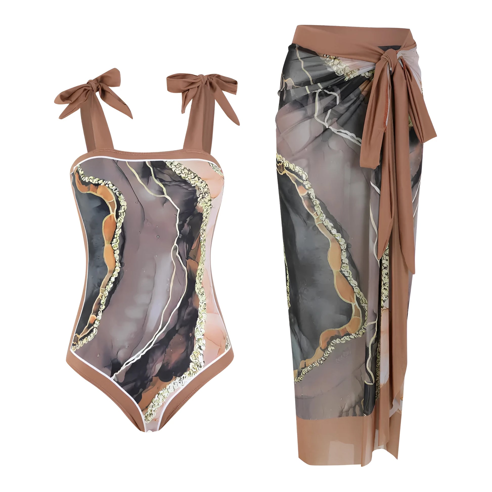 Floral print one-piece swimsuit with separate skirt in polyester fabric for swimming