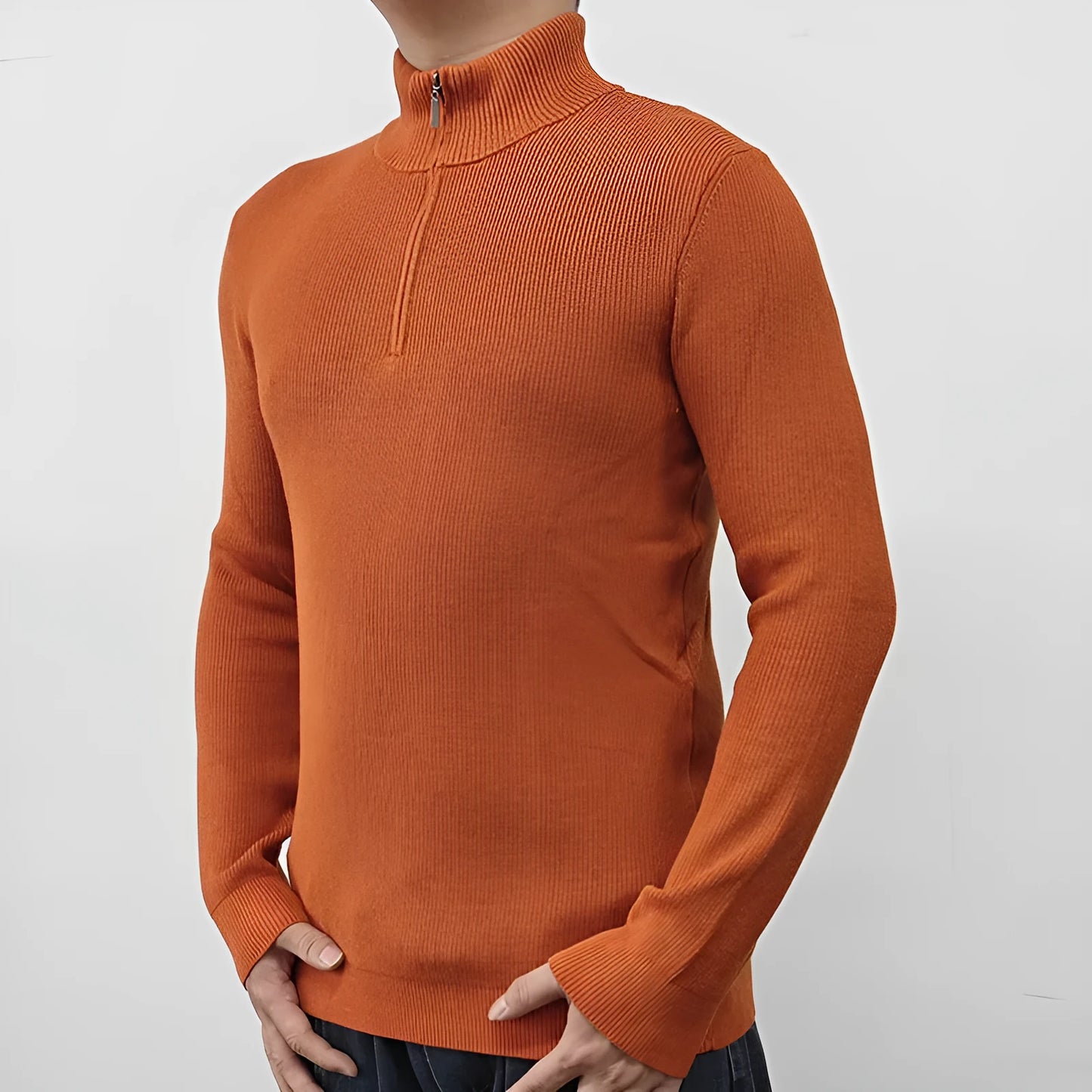 Men's black half-turtleneck zipper sweater with front zip and long sleeves, cotton-blend fabric, British style