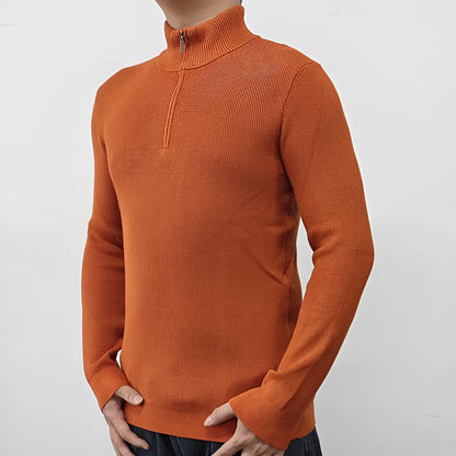 Men's black half-turtleneck zipper sweater with front zip and long sleeves, cotton-blend fabric, British style