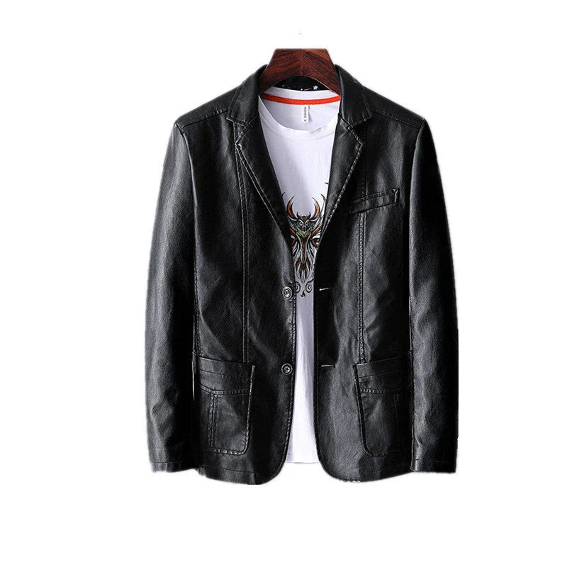 Premium leather jacket for men in orange, red, and black colors with a classic collar, studded lapels, and quilted sleeves