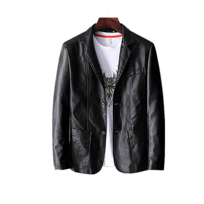 Premium leather jacket for men in orange, red, and black colors with a classic collar, studded lapels, and quilted sleeves