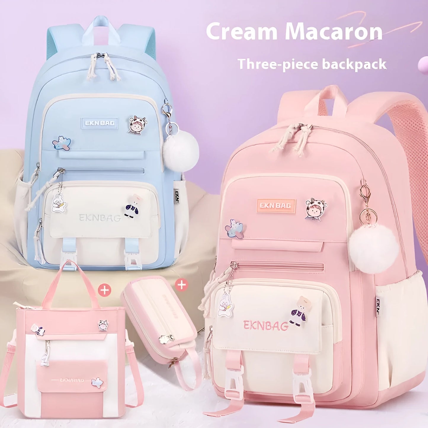 Pink girls school backpack with curved shoulder straps on a wooden floor