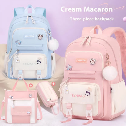 Pink girls school backpack with curved shoulder straps on a wooden floor