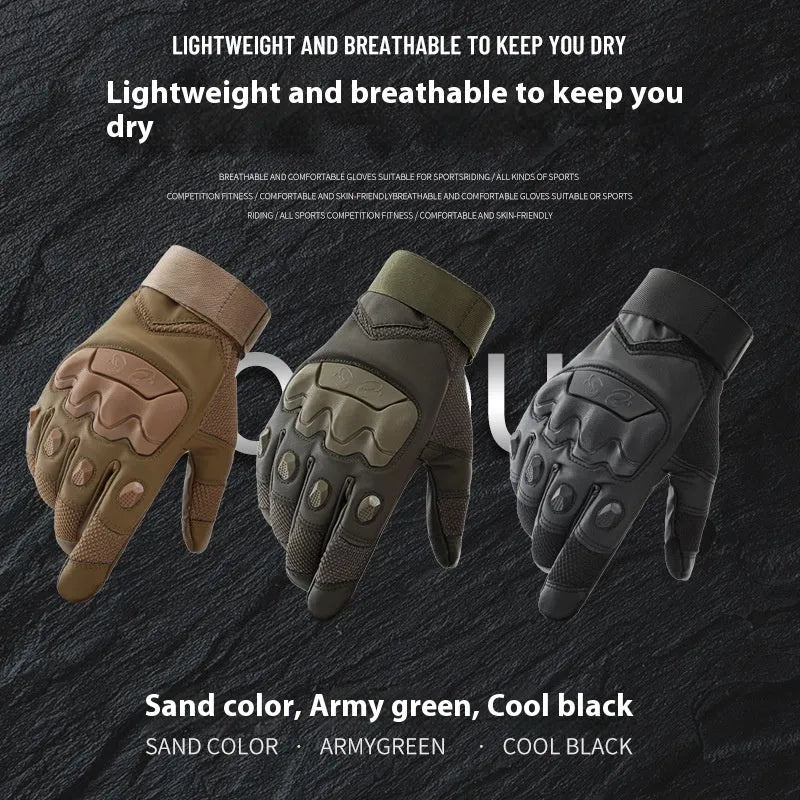 Men's black tactical gloves with touchscreen finger caps, shown in sizes M, L, XL for training use.