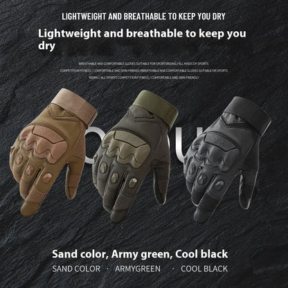 Men's black tactical gloves with touchscreen finger caps, shown in sizes M, L, XL for training use.