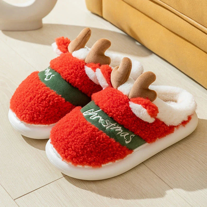 Cozy elk-themed winter home slippers in various candy colors with soft suede upper and supportive EVA sole