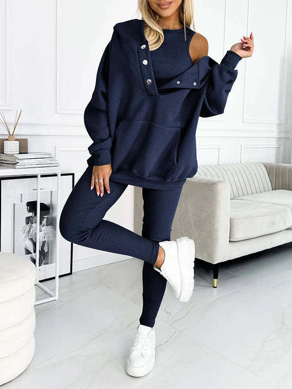 Women's 3-piece sports suit with hooded sweatshirt, vest, and slim trousers in various colours