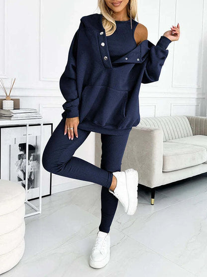 Women's 3-piece sports suit with hooded sweatshirt, vest, and slim trousers in various colours