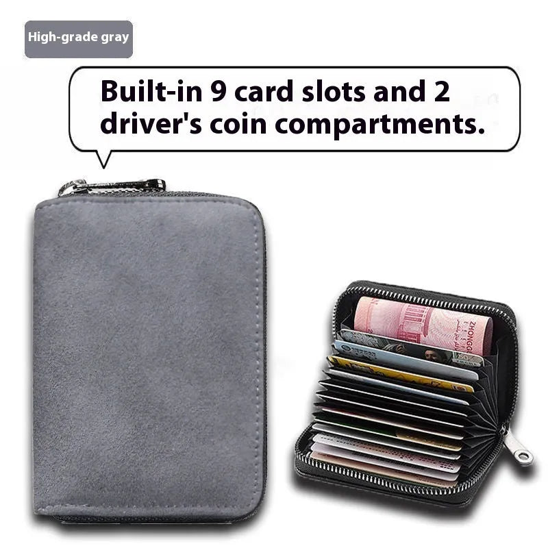 Men's suede-effect PU leather card holder with anti-degaussing protection showing card slots