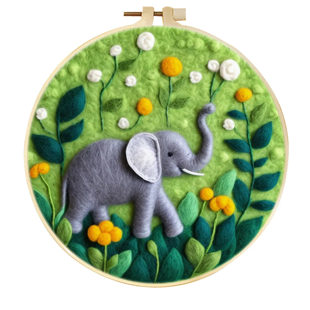 Round three-dimensional embroidery kit with linen fabric, wool felt pieces, and embroidery frame for 20x20 cm blanket painting