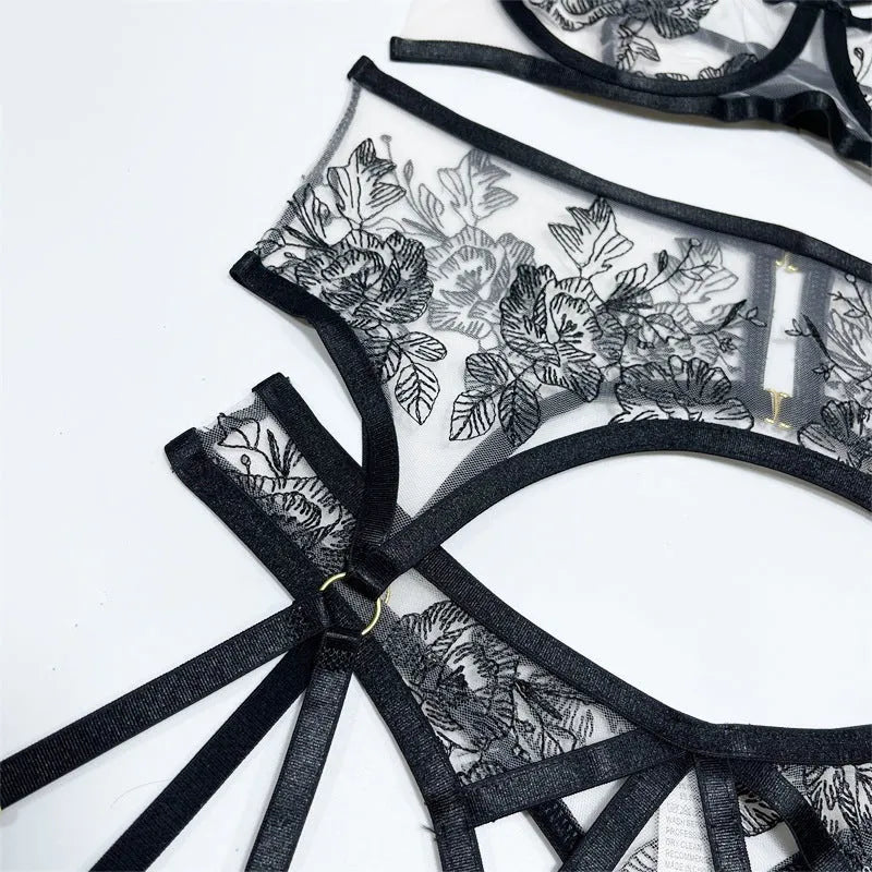 Black women's lace mesh floral print three-piece clothing set with high-waisted trousers and detachable waist ring