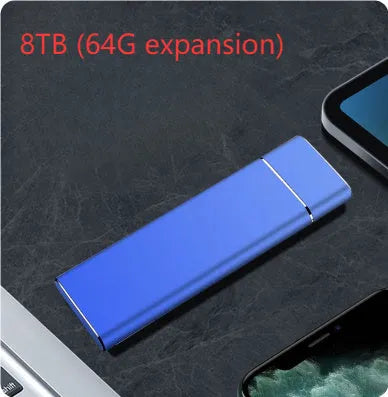 Portable solid state external hard disk with metal shell in sapphire blue colour showing compact dimensions