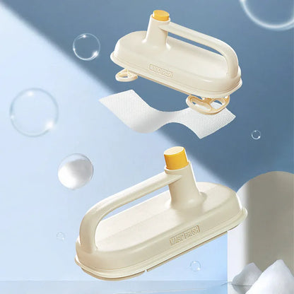 Magic disposable cleaning brush with handle, storage box, and pack of 50 white non-woven cloths for bathroom and kitchen cleaning.