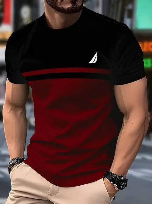 Men's loose fit short sleeve polyester t-shirt shown in available colours: black, gray, white, dark red.