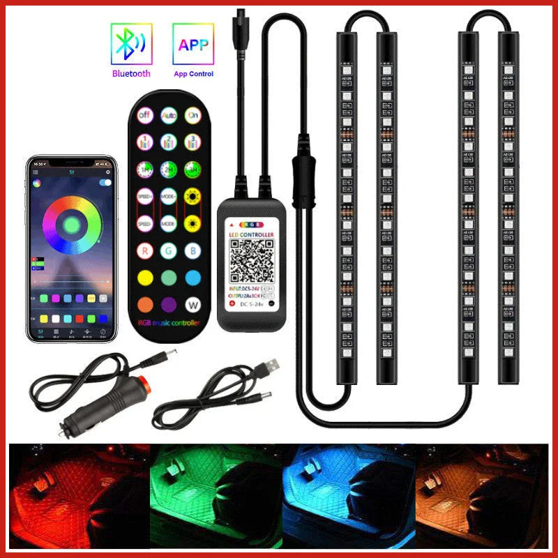 Stylish car interior mood lighting kit with remote control for customizable LED illumination
