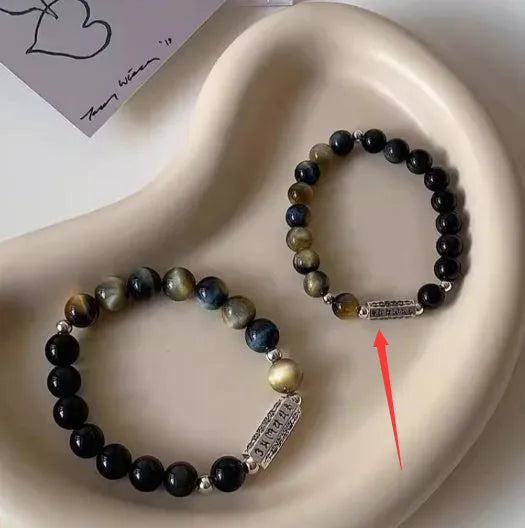 Tigereye Obsidian S925 sterling silver bracelet with Six Words Mantra couple design and round obsidian beads