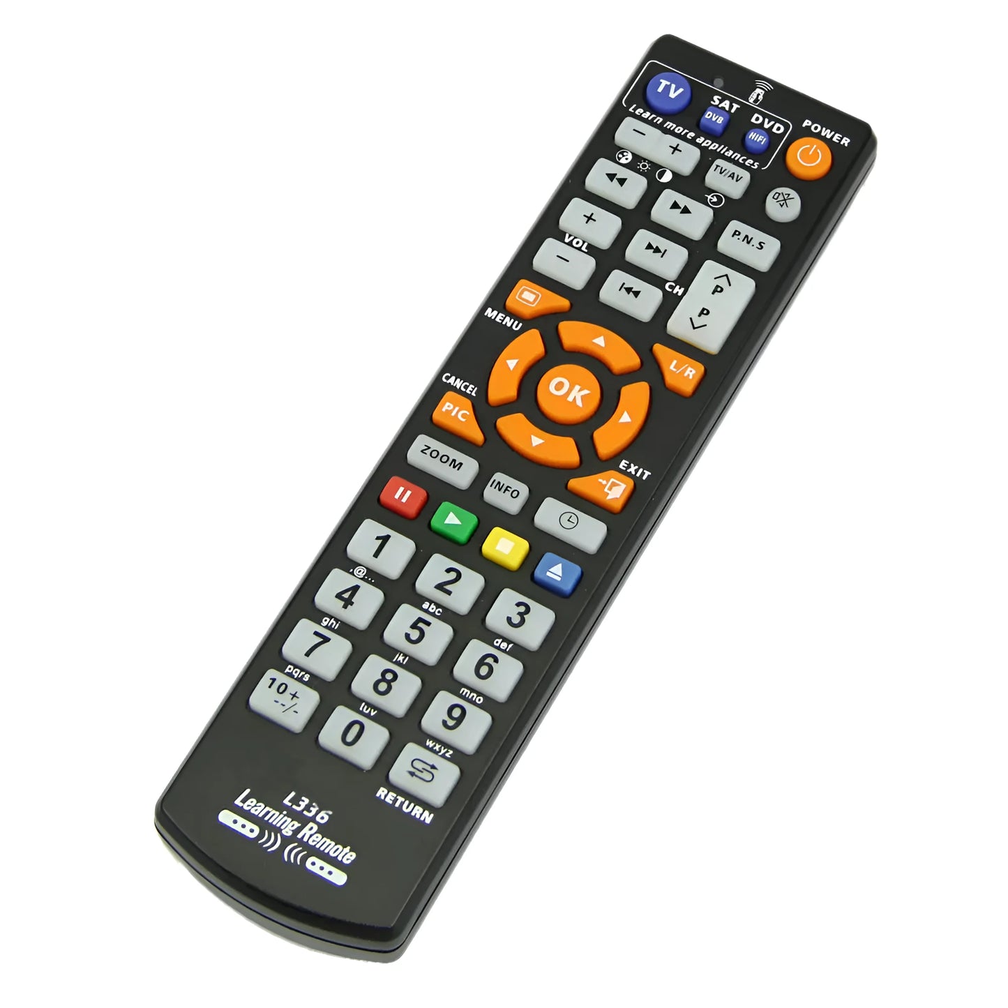 Black L336 full-key universal learning remote control on a white background.