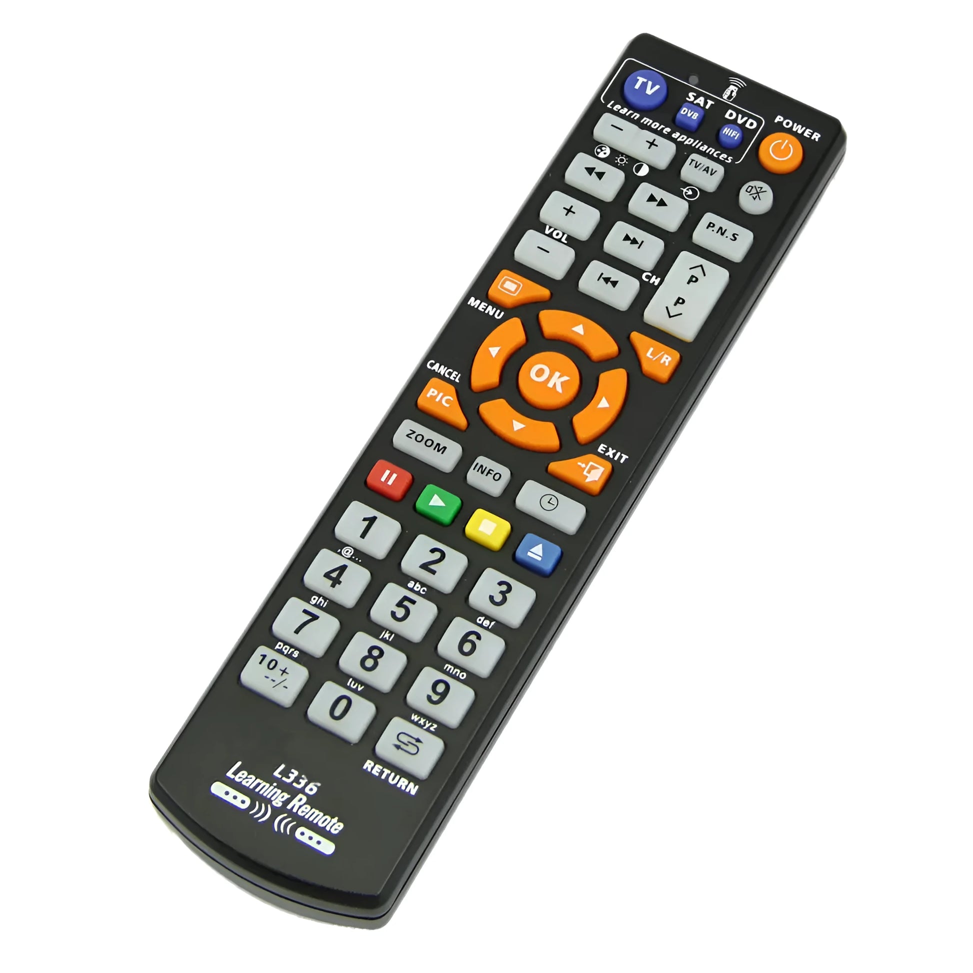Black L336 full-key universal learning remote control on a white background.