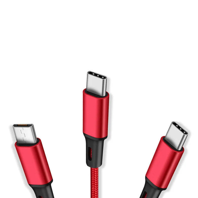 Red 3-in-1 nylon braided charging cable with three connector types on a 1.2m cord