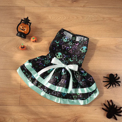 Halloween dog skirt with colourful pumpkin design, double-layer construction, elastic waistband on small dog