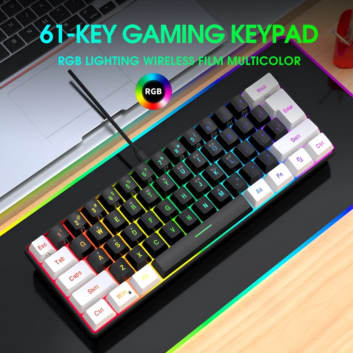 61-key wired membrane keyboard in white and black colour scheme with compact design
