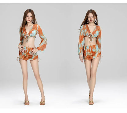 Women's green brown gathered tulle long-sleeved bikini swimsuit with skirt