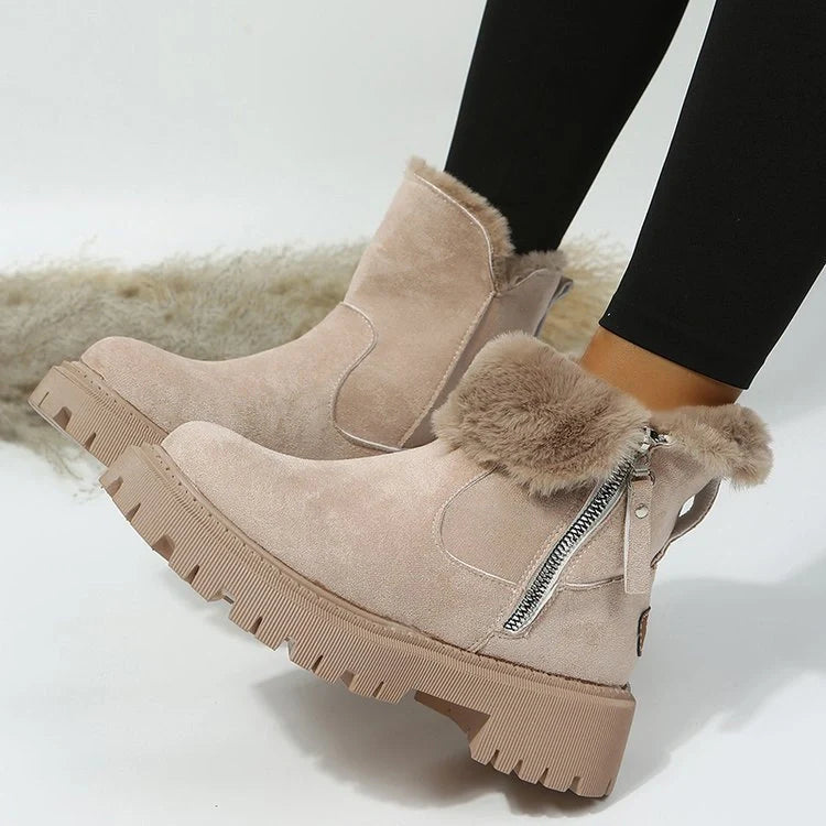 Women's snow boots with foldable plush tube and side zipper in black and khaki