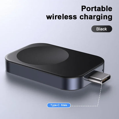 Compact black and white 3-in-1 magnetic wireless charger with integrated cables, shown next to a smartphone for scale.