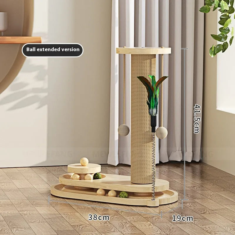 Solid wood cat scratching post with sisal rope and a brown oval turntable on a thick wooden base.