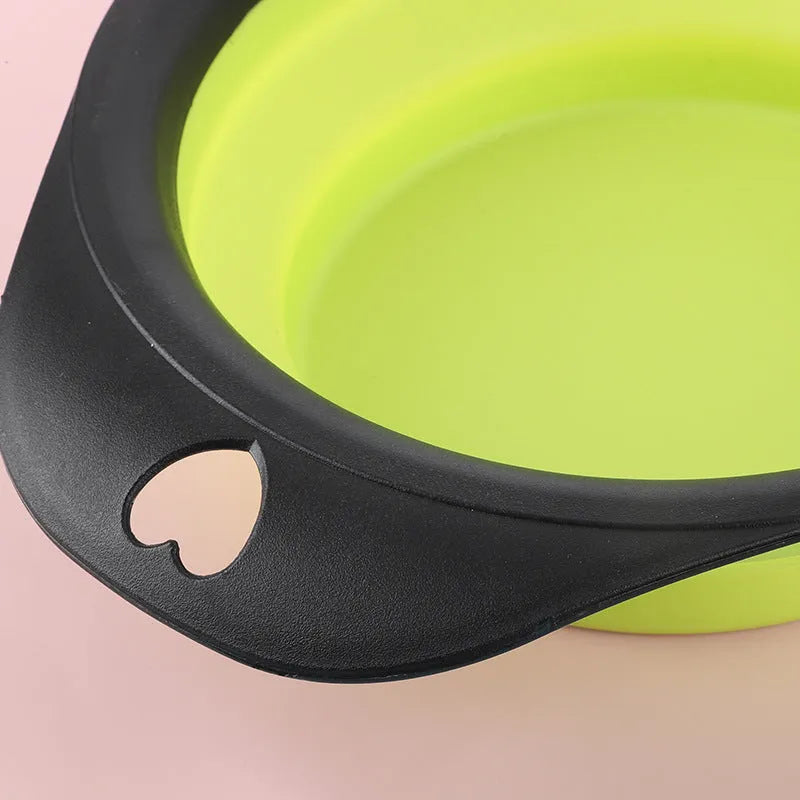Green silicone pet bowl shown in its full size and collapsed flat for storage.