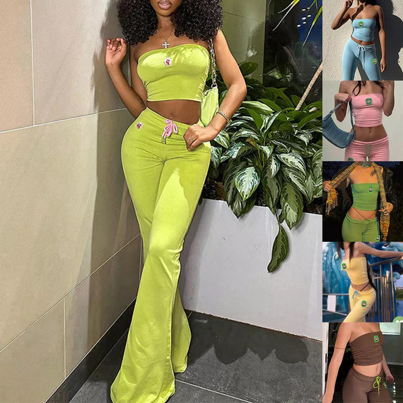 Women's summer two-piece set with embroidery tube top and high-waist bell-bottom pants