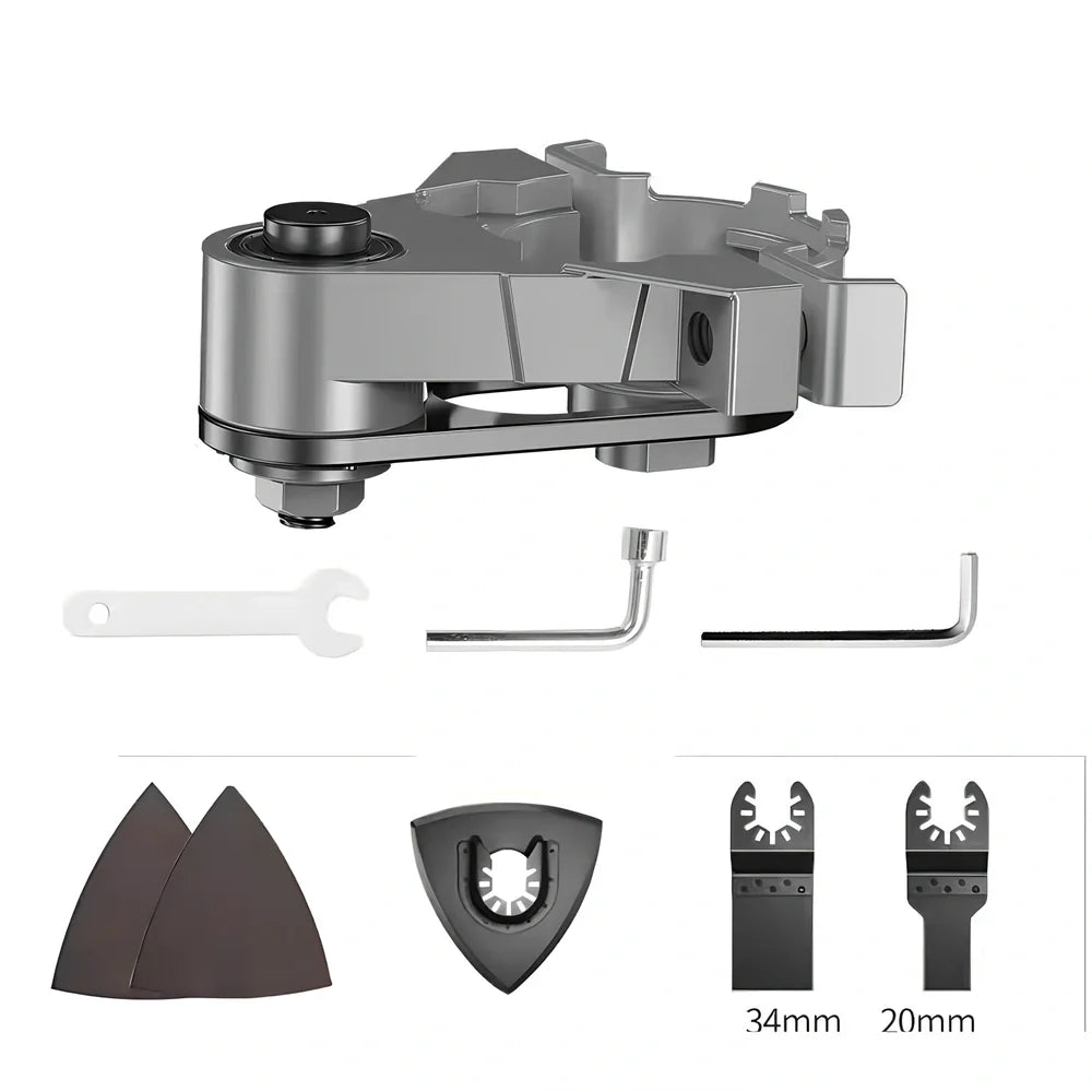 Metal angle grinder adapter kit with conversion head, wrench, sandpaper, grinding disc, and high carbon steel saw blades for multi-tool use