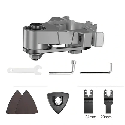 Metal angle grinder adapter kit with conversion head, wrench, sandpaper, grinding disc, and high carbon steel saw blades for multi-tool use
