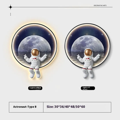 Space-themed canvas wall art with optional LED bedside lamp for children's bedrooms in Spaceman pattern