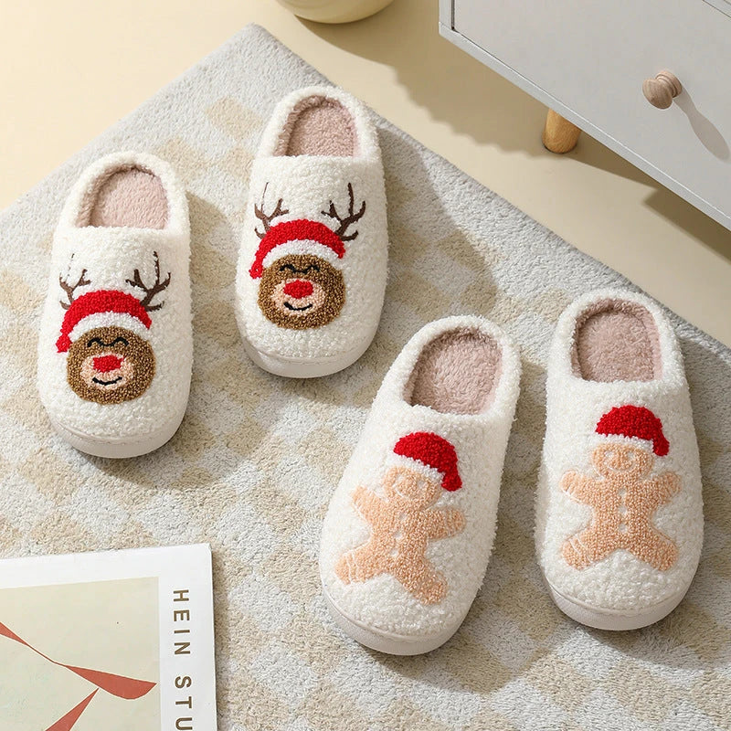Cozy Christmas Home Slippers with Cute Santa Claus, Moose, and Gingerbread Man Designs