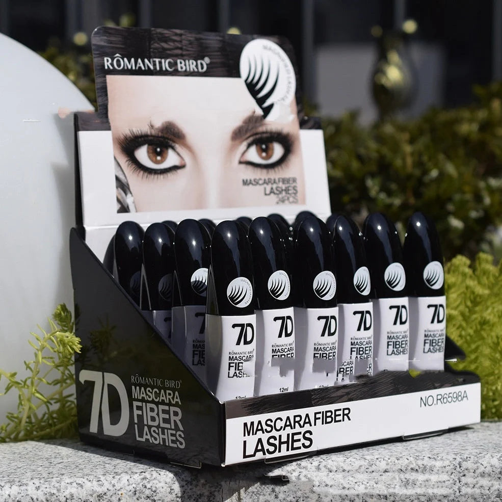 Black 7D mascara tube with brush showing separated lashes in waterproof formula