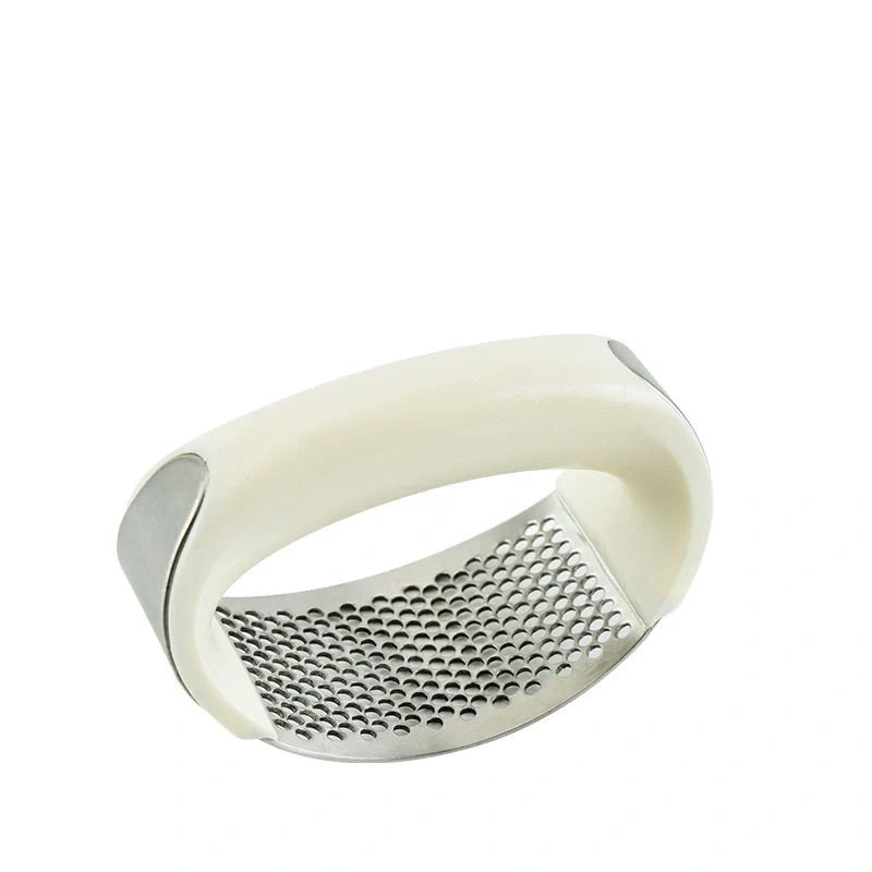 Stainless steel garlic press with non-slip handle for easy crushing