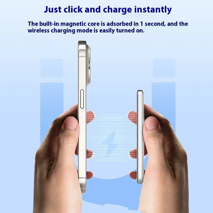 Gun grey magnetic wireless power bank with ultra-thin 9mm alloy design showing dimensions