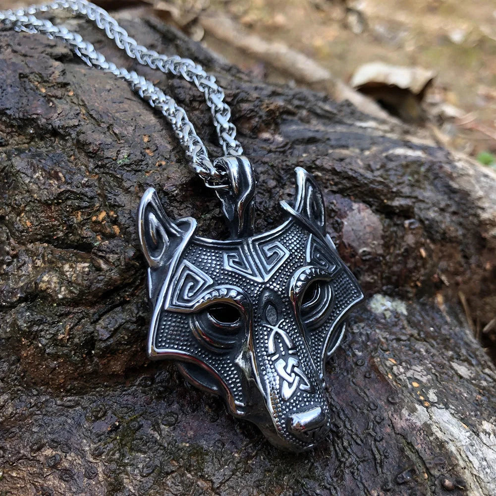 Norse Grey Wolf Head Titanium Steel Pendant Chain in silver and gold options