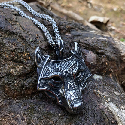 Norse Grey Wolf Head Titanium Steel Pendant Chain in silver and gold options