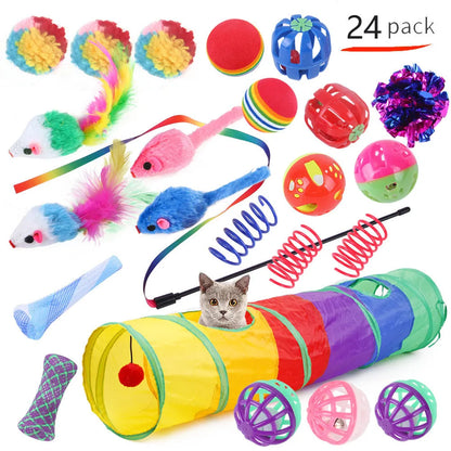 Plastic cat toy set with coloured tunnel channels and a ball for interactive indoor play.