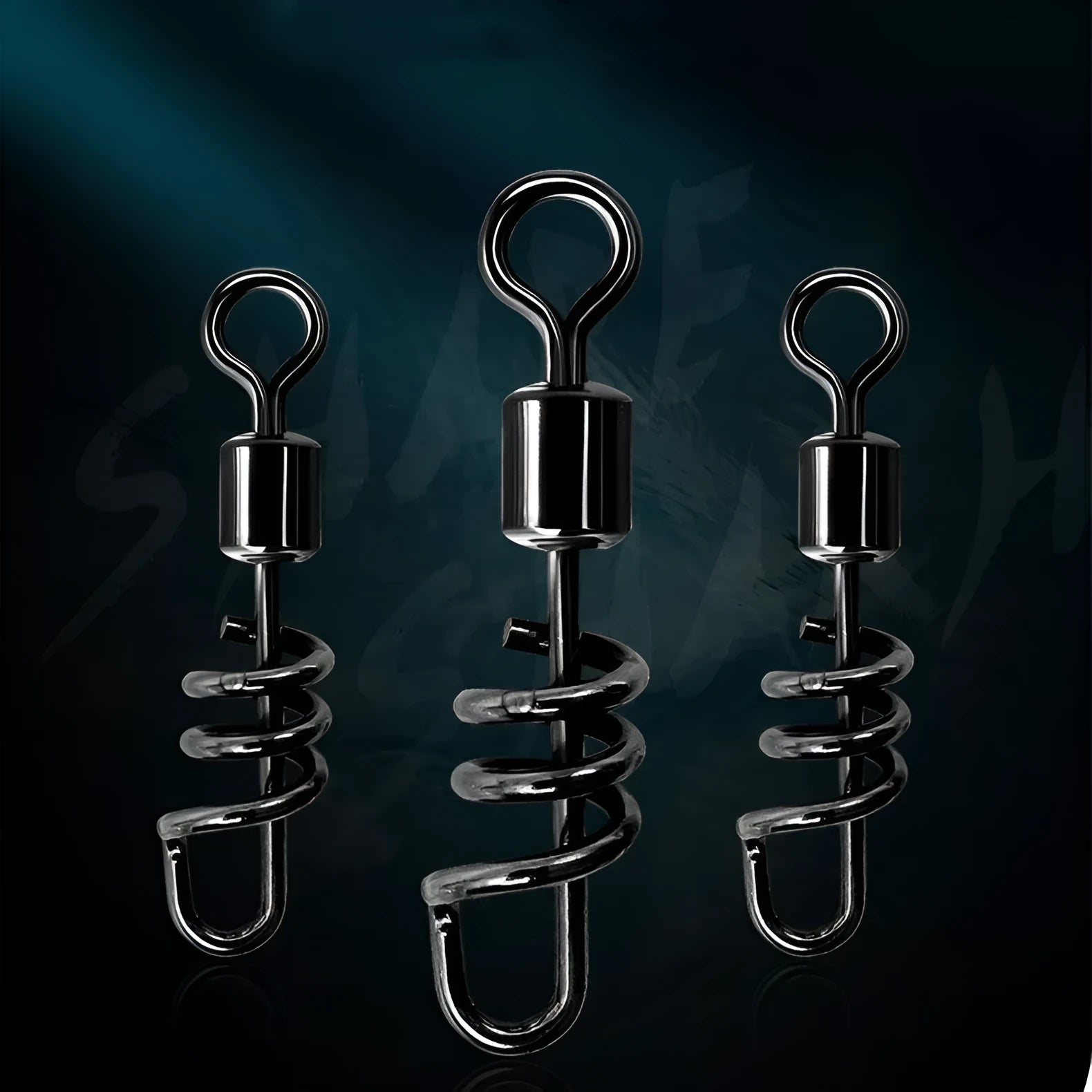 Stainless steel 8-shaped fishing swivel connector on a blue background, showing double-ring design and barrel swivel.